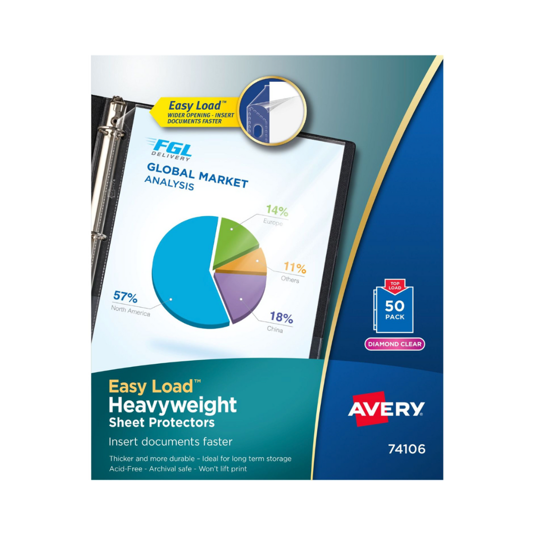 Avery® Protectores de hojas de alta resistencia transparentes, carga fácil, tamaño 21.5 x 27.9 cms, 50 protectores de hojas plásticos (74106)