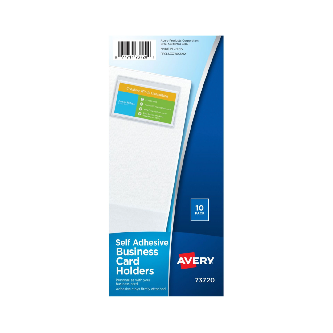 Avery® Tarjeteros autoadhesivos transparentes, carga superior, admite tarjetas de 8.9 x 5.1 cms, 10 tarjeteros (73720)