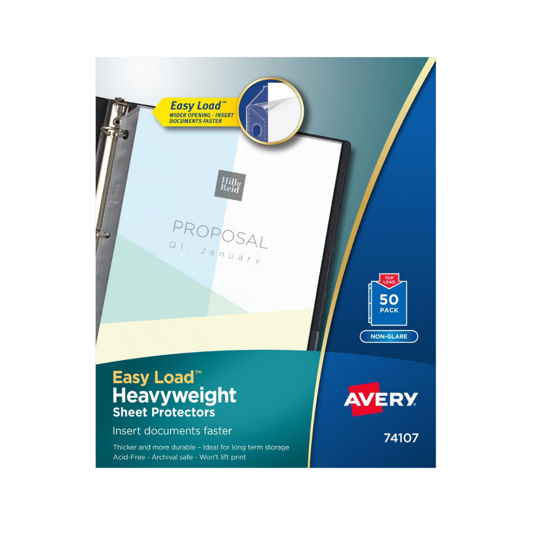 Avery® Protectores de hojas transparentes de alta resistencia, antirreflejo, carga fácil, 50 protectores de hojas de plástico (74107)