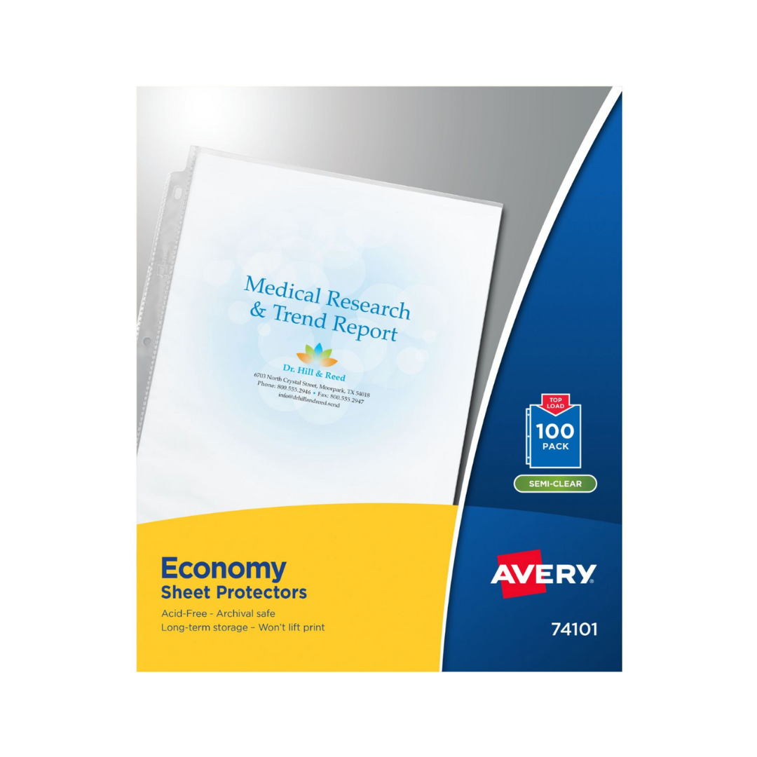 Avery® Protectores de hojas semi transparentes económicos, carga superior, 100 protectores de hojas de plástico (74101)