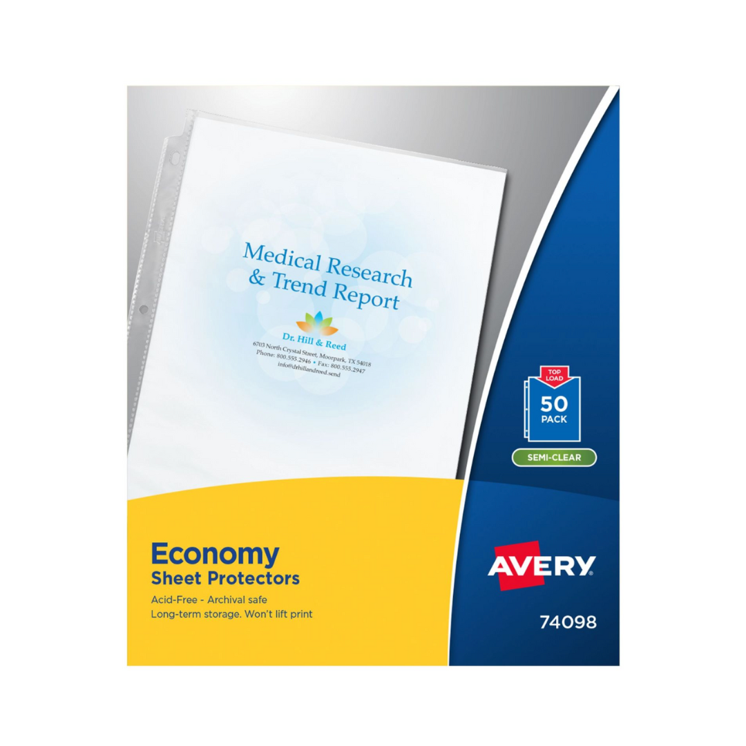 Avery® Protectores de hojas semi transparentes económicos, carga superior, 50 protectores de hojas de plástico (74098)