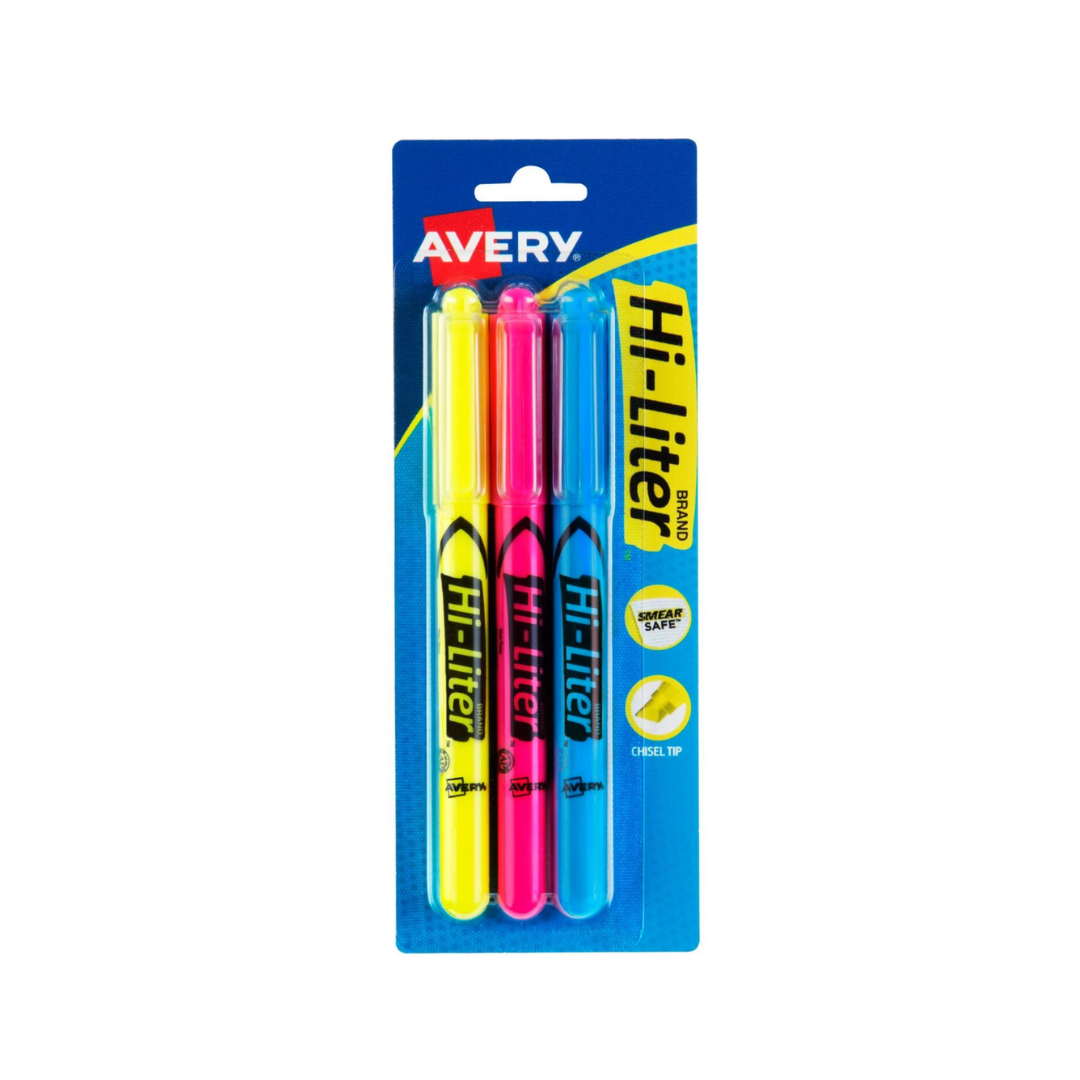 Avery® Resaltador Hi-Liter® estilo bolígrafo, colores surtidos, a prueba de manchas, no tóxicos, 3 resaltadores (25860)