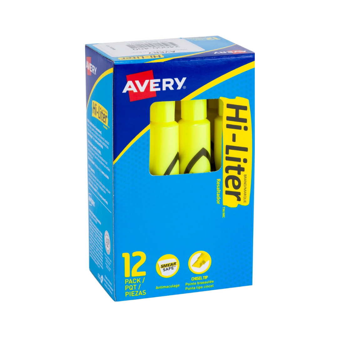 Avery® Resaltador Hi-Liter®, estilo regular de escritorio, amarillo fluorescente, a prueba de manchas, no tóxico, 1 resaltador (24000)
