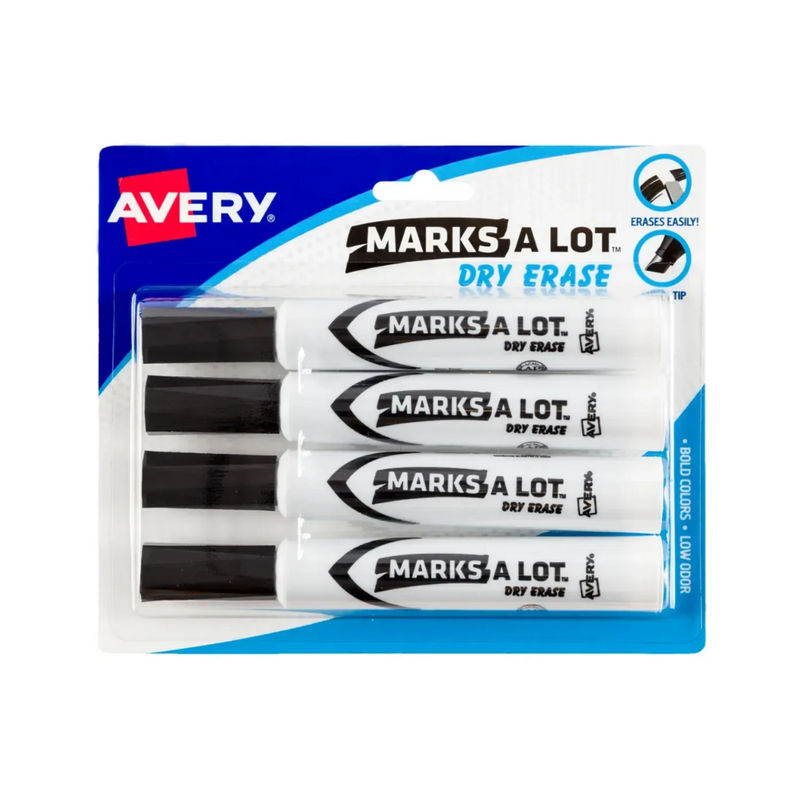Avery® Marcadores borrables en seco Marks-A-Lot® , estilo escritorio, punta biselada, color negro, 4 marcadores (22498)