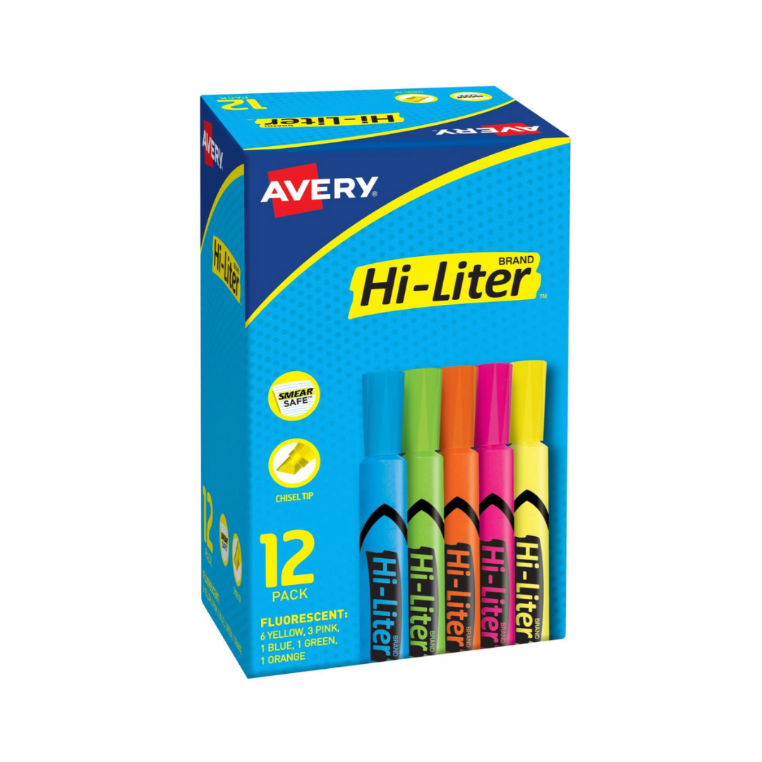 Avery® Resaltadores Hi-Liter® estilo de escritorio, punta biselada, 12 resaltadores de colores surtidos (98034)