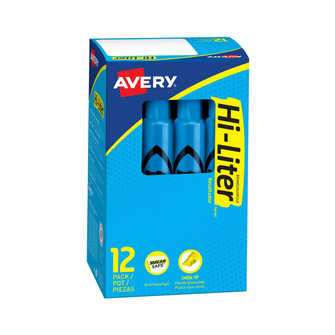 Avery® Resaltador Hi-Liter®, estilo regular de escritorio, azul fluorescente, a prueba de manchas, no tóxico, 1 resaltador (24016)