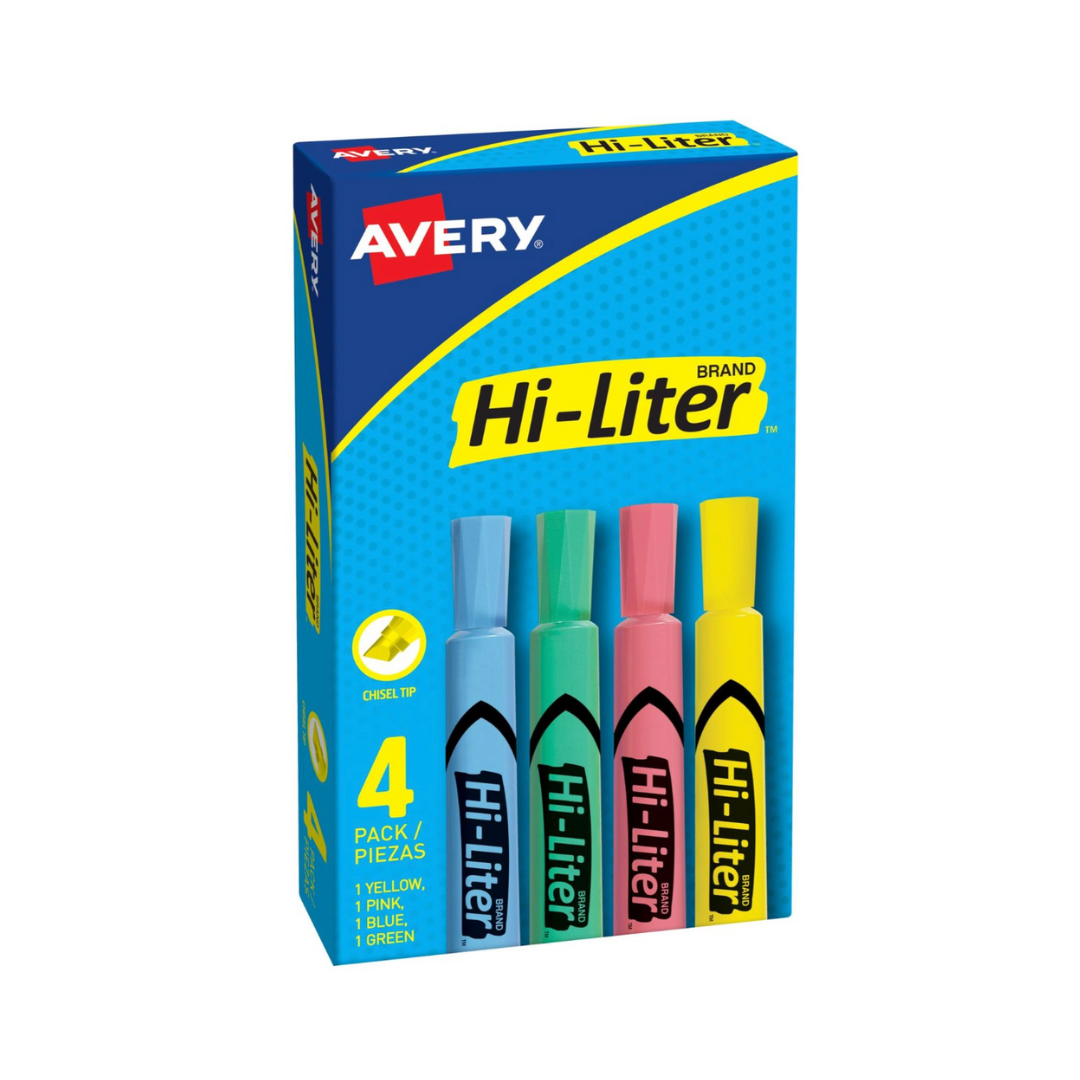 Avery® Resaltadores estilo escritorio Hi-Liter®, colores surtidos, no tóxicos, 4 resaltadores (17752)