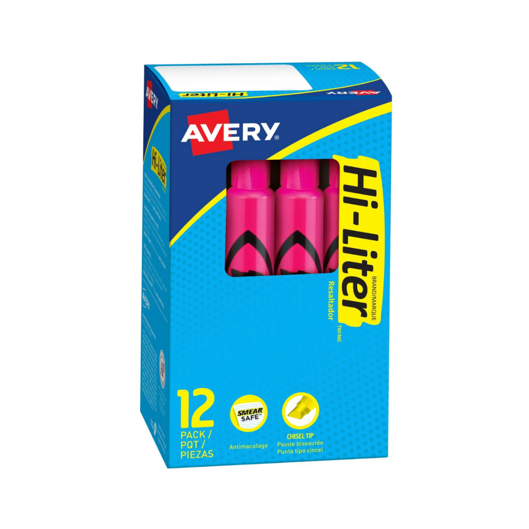 Avery® Resaltador Hi-Liter®, estilo regular de escritorio, rosa fluorescente, a prueba de manchas, no tóxico, 1 resaltador (24010)
