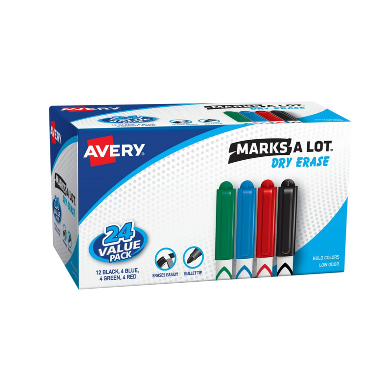 Avery® Marcadores borrables en seco Marks-A-Lot® , estilo bolígrafo, punta redonda, colores surtidos, paquete económico de 24 unidades (29860)