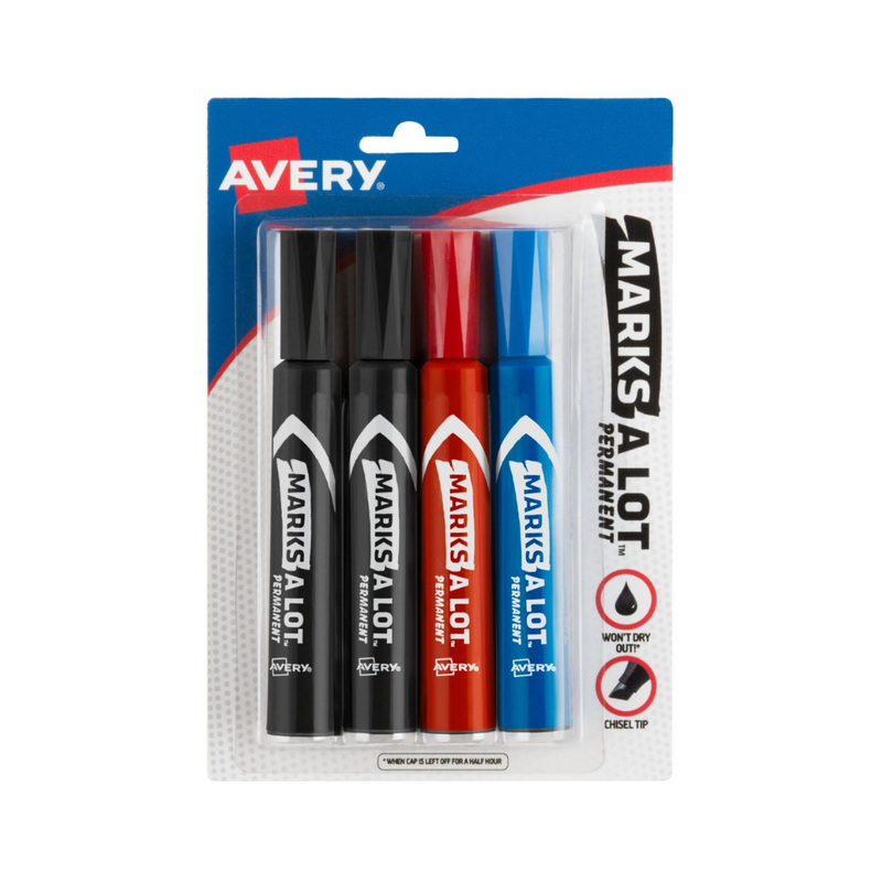 Avery® Marcador permanente Marks-A-Lot, tamaño regular para escritorio, punta biselada, 4 marcadores colores surtidos (07905)