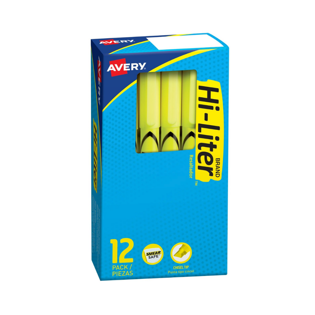 Avery® Resaltador Hi-Liter® estilo bolígrafo, amarillo fluorescente, a prueba de manchas, no tóxico (23591)