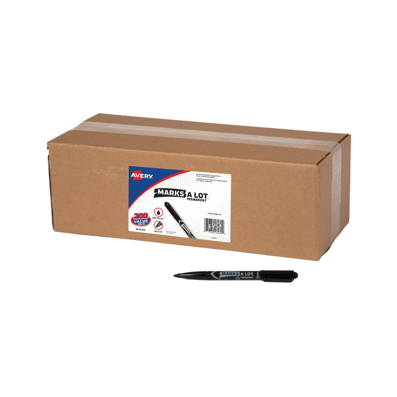 Avery® Marcadores permanentes Marks A Lot Value Pack, tipo bolígrafo, punta redonda, resistentes al agua y al desgaste, 200 marcadores negros (29850) Avery® Marcadores permanentes Marks A Lot Value Pack, tipo bolígrafo, punta redonda, resistentes al agua y al desgaste, 200 marcadores negros (29850)