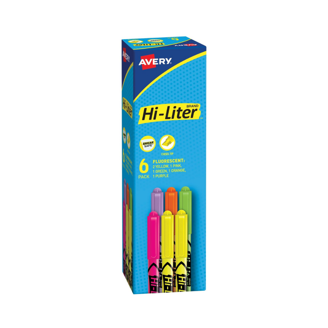 Avery® Resaltador Hi-Liter® estilo bolígrafo, colores surtidos, a prueba de manchas, no tóxicos, 6 resaltadores (23565)