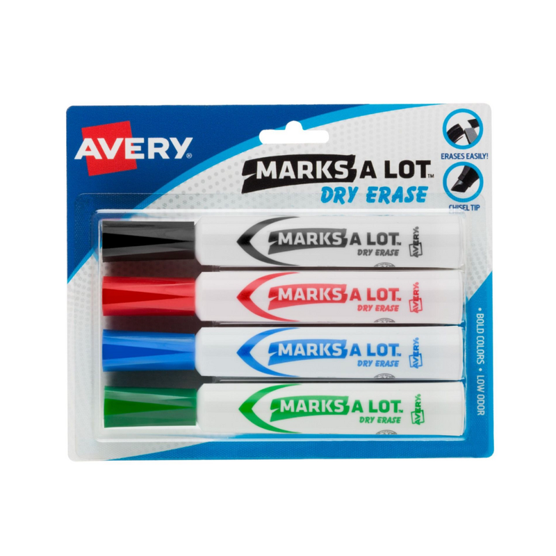Avery® Marcadores borrables en seco Marks-A-Lot® , estilo escritorio, punta biselada, colores surtidos, 4 marcadores (24409)