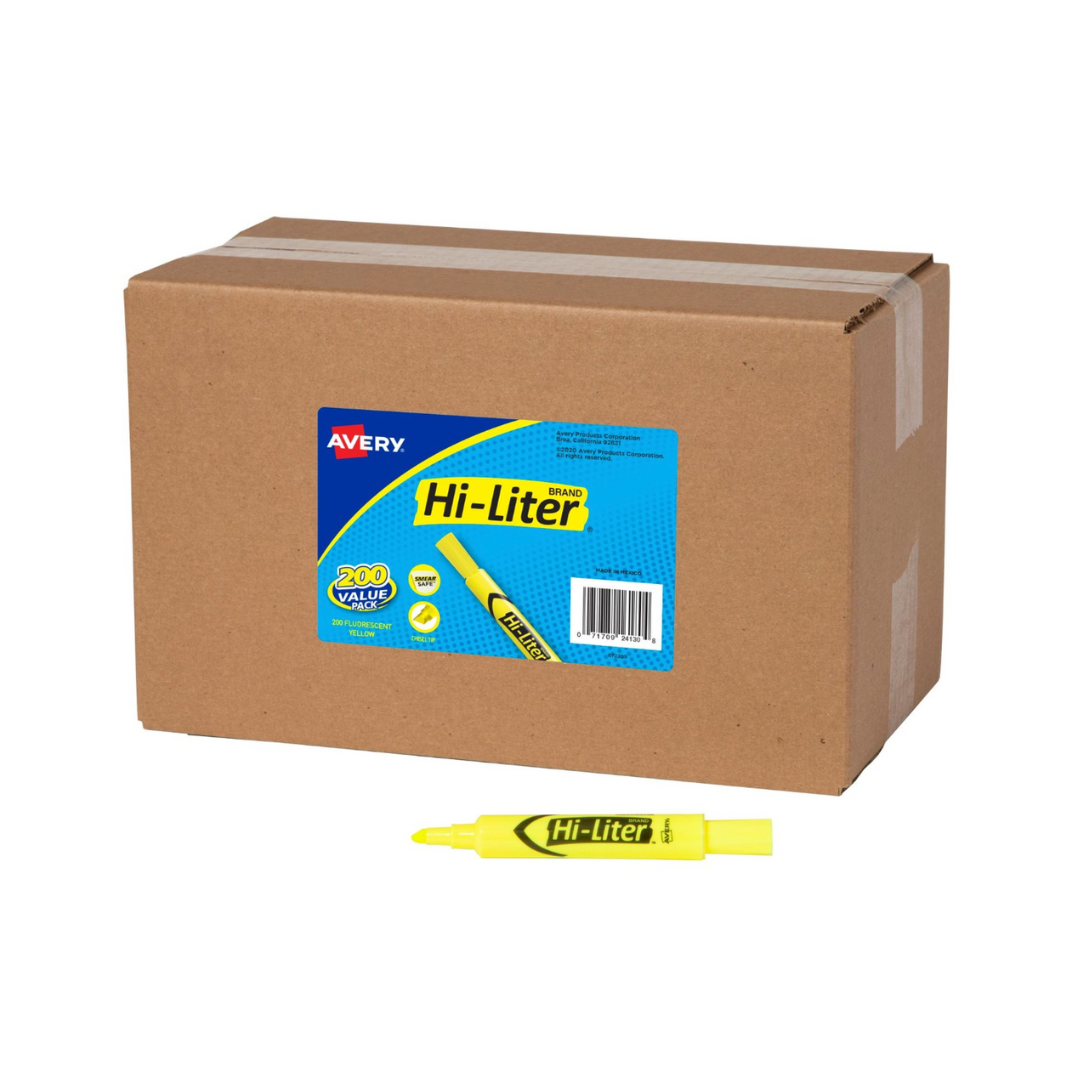 Avery® Resaltador Hi-Liter®, estilo regular de escritorio, color amarillo fluorescente, a prueba de manchas, no tóxico, 200 resaltadores (24130)