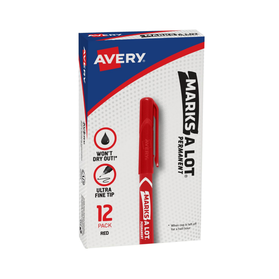 Avery® Marcadores permanentes ultra finos Marks-A-Lot® , 12 marcadores rojos, 1 paquete (9233)