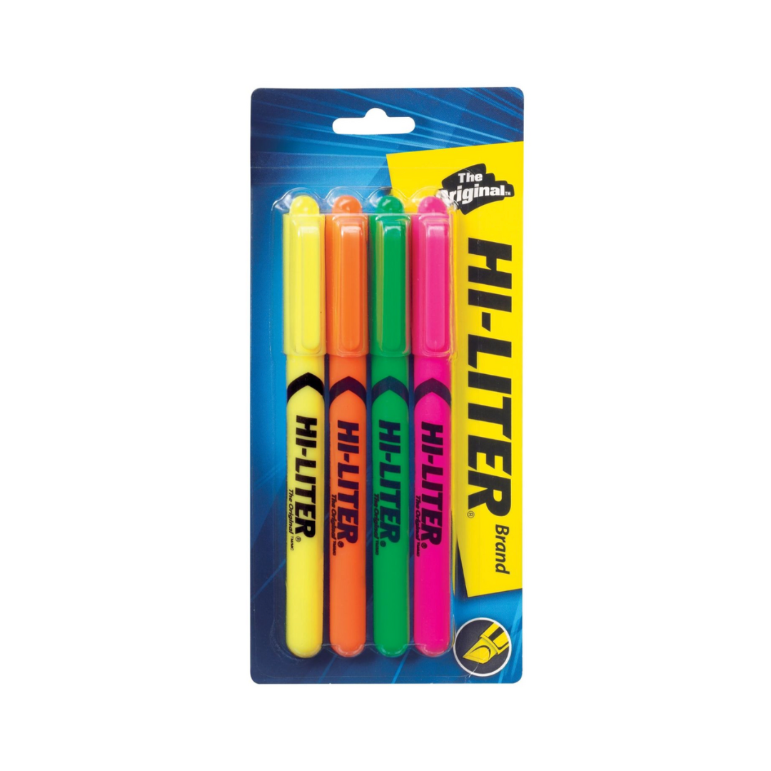 Avery® Resaltador Hi-Liter® estilo bolígrafo, colores surtidos, a prueba de manchas, no tóxicos, 4 resaltadores (23545)