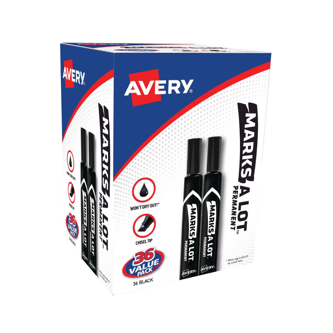 Avery® Marcadores Permanentes Marks-A-Lot, estilo escritorio, punta biselada, 36 marcadores negros (98206)