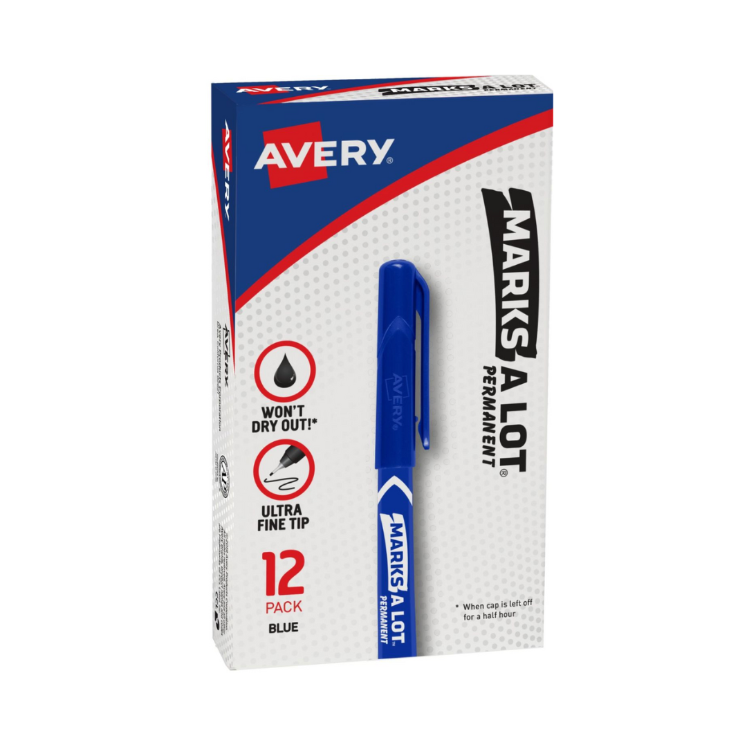 Avery® Marcadores permanentes ultra finos Marks-A-Lot® , 12 marcadores azules, 1 paquete (9234)