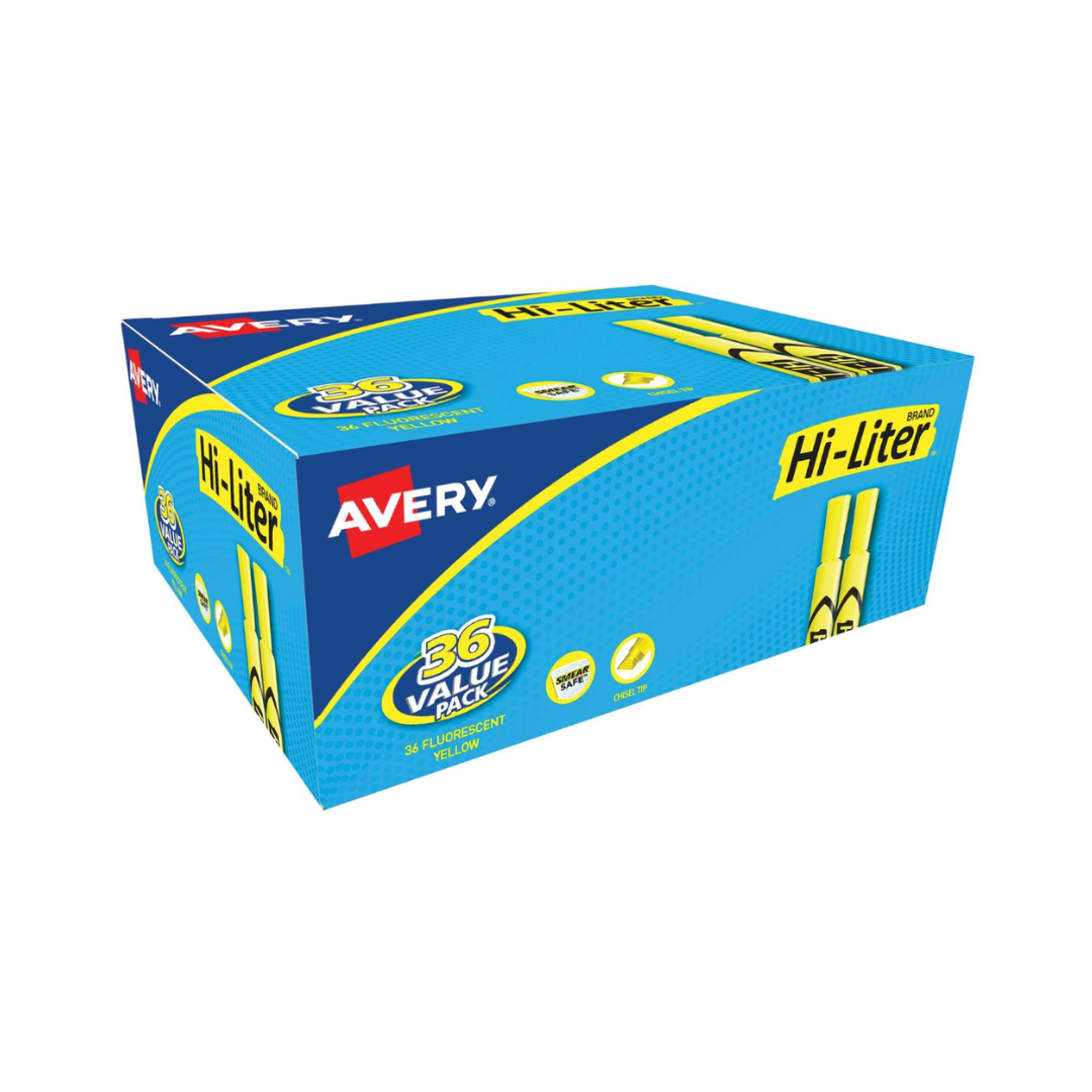 Avery® Resaltador Hi-Liter®, estilo regular de escritorio, amarillo fluorescente, a prueba de manchas, no tóxico, paquete económico de 36 (98208)