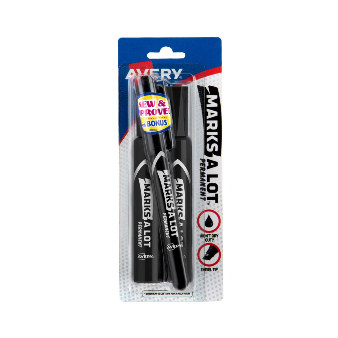 Avery® Marcador permanente Marks-A-Lot, tamaño regular para escritorio, punta biselada, 2 marcadores negros (07902)