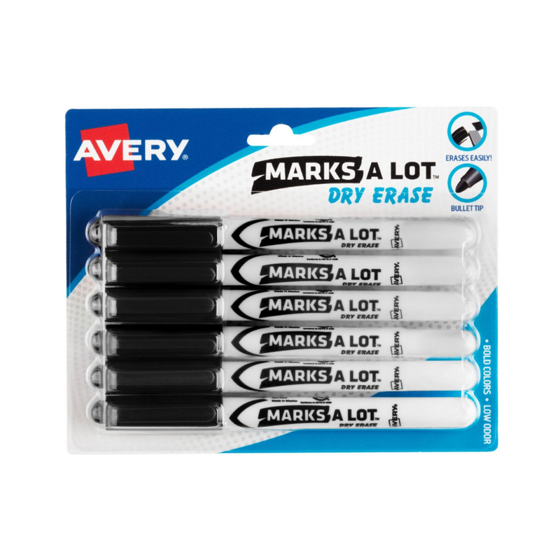 Avery® Marcadores borrables en seco, Marks-A-Lot®, estilo bolígrafo, punta redonda, color negro, 6 marcadores (24483)