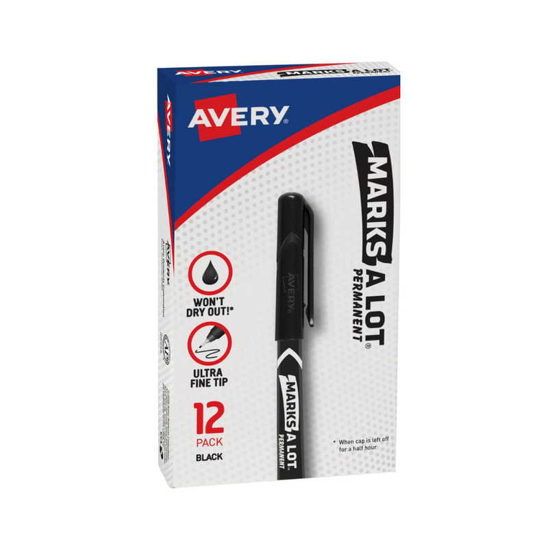 Avery® Marcadores permanentes ultra finos Marks-A-Lot® , 12 marcadores negros, 1 paquete (9232)