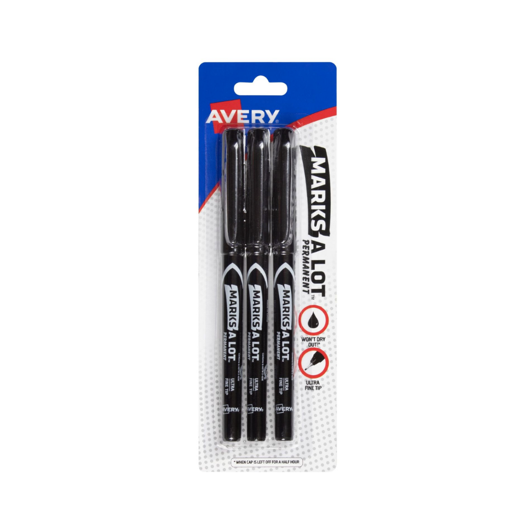 Avery® Marcadores permanentes Marks-A-Lot, estilo bolígrafo, punta ultra fina, negro, 3 marcadores (9230)
