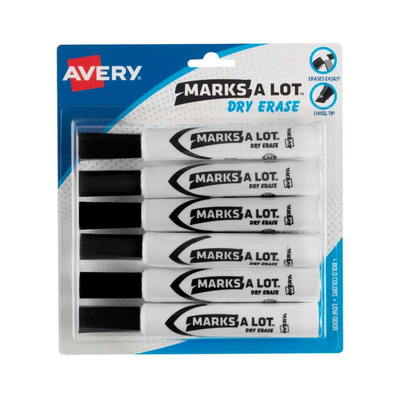 Avery® Marcadores borrables en seco Marks-A-Lot® , estilo escritorio, punta biselada, color negro, 6 marcadores (22482)