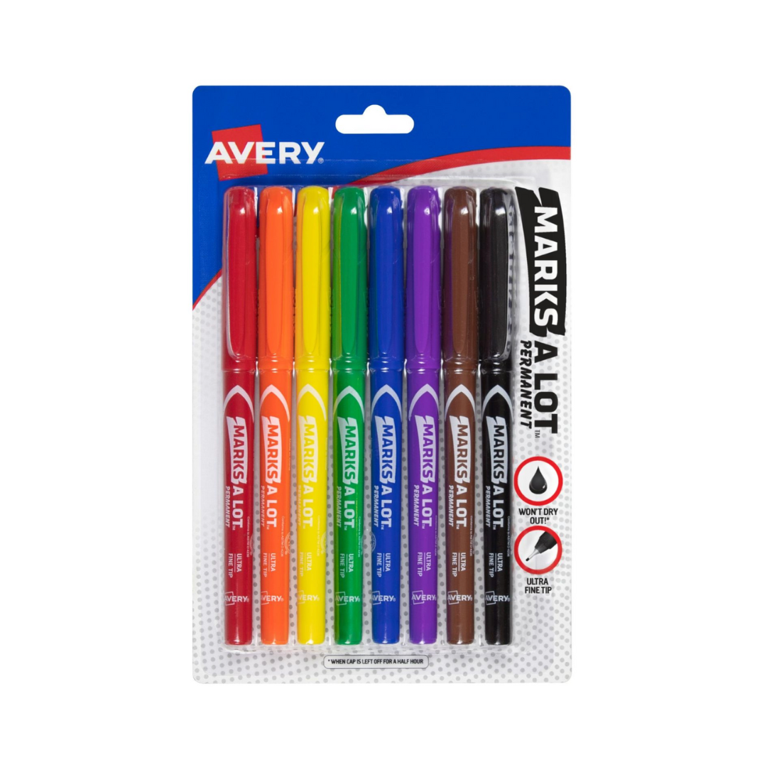 Avery® Marcadores permanentes Marks-A-Lot, estilo bolígrafo, punta ultra fina, colores surtidos, 8 rotuladores (9231)