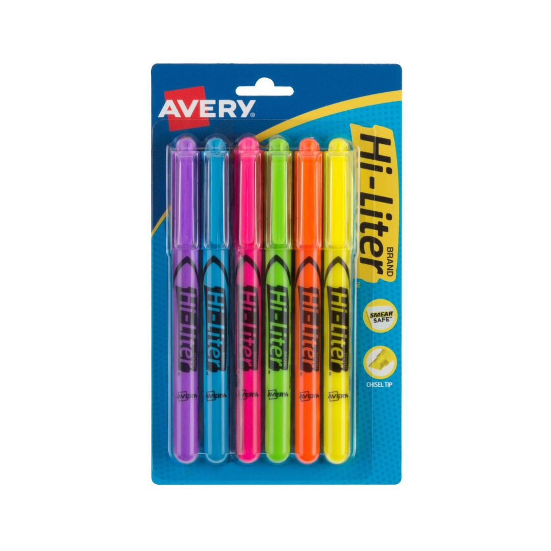 Avery® Resaltador Hi-Liter® estilo bolígrafo, colores surtidos, a prueba de manchas, no tóxicos, 6 resaltadores (23585)