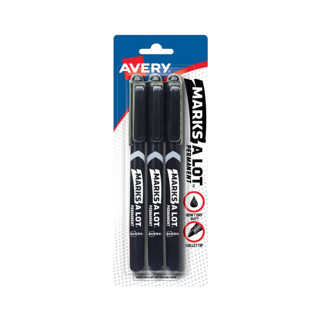 Avery® Marcadores permanentes Marks A Lot Value Pack, tipo bolígrafo, punta redonda, resistentes al agua y al desgaste, 3 marcadores negros (29837)