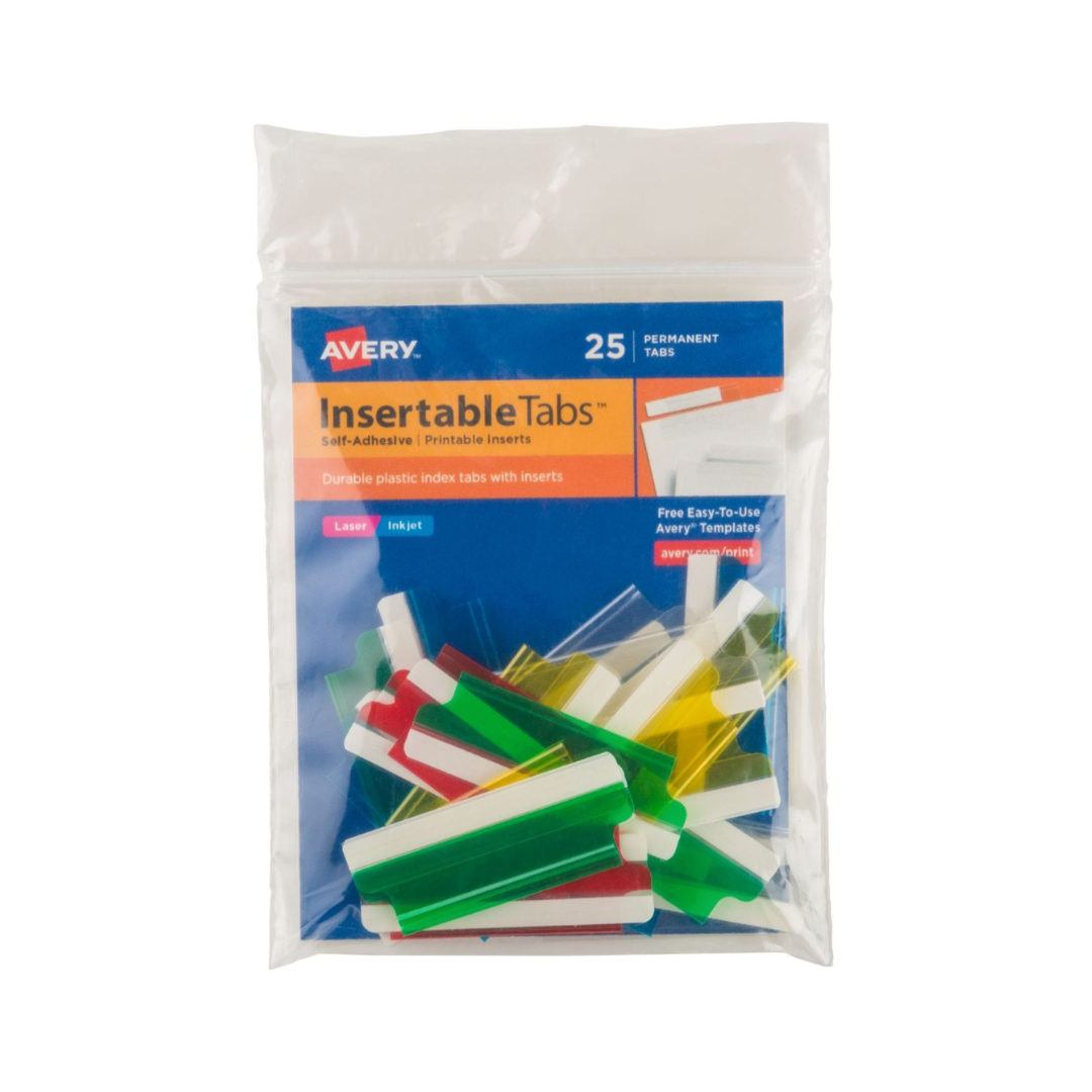 Avery® Pestañas de índice insertables, autoadhesivas, insertos imprimibles, 5,08cms, colores surtidos, 25 pestañas (16239)