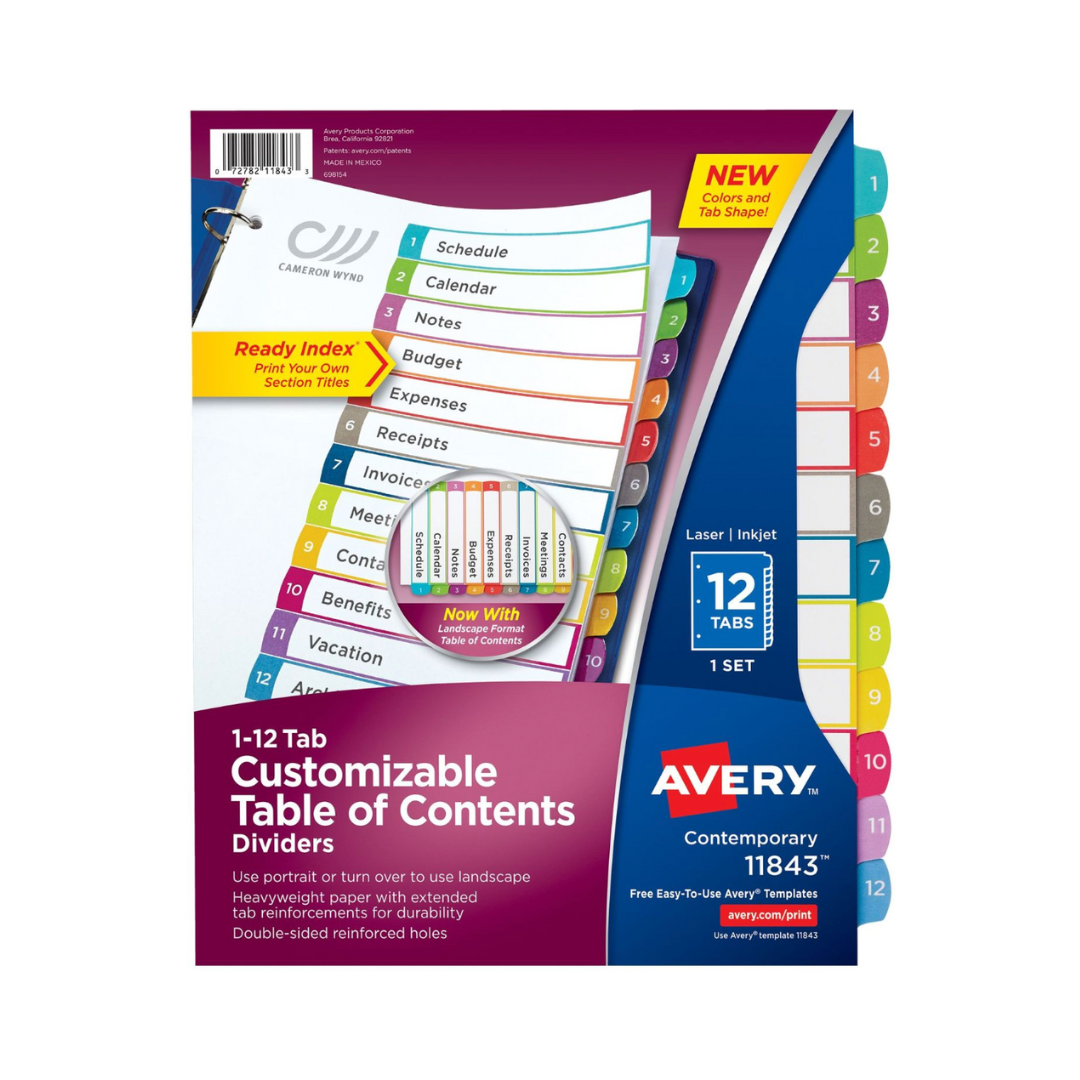 Avery® Ready Index® Separadores con pestañas del 1 al 12, tabla de contenido personalizable, pestañas multicolor, 1 set (11843)