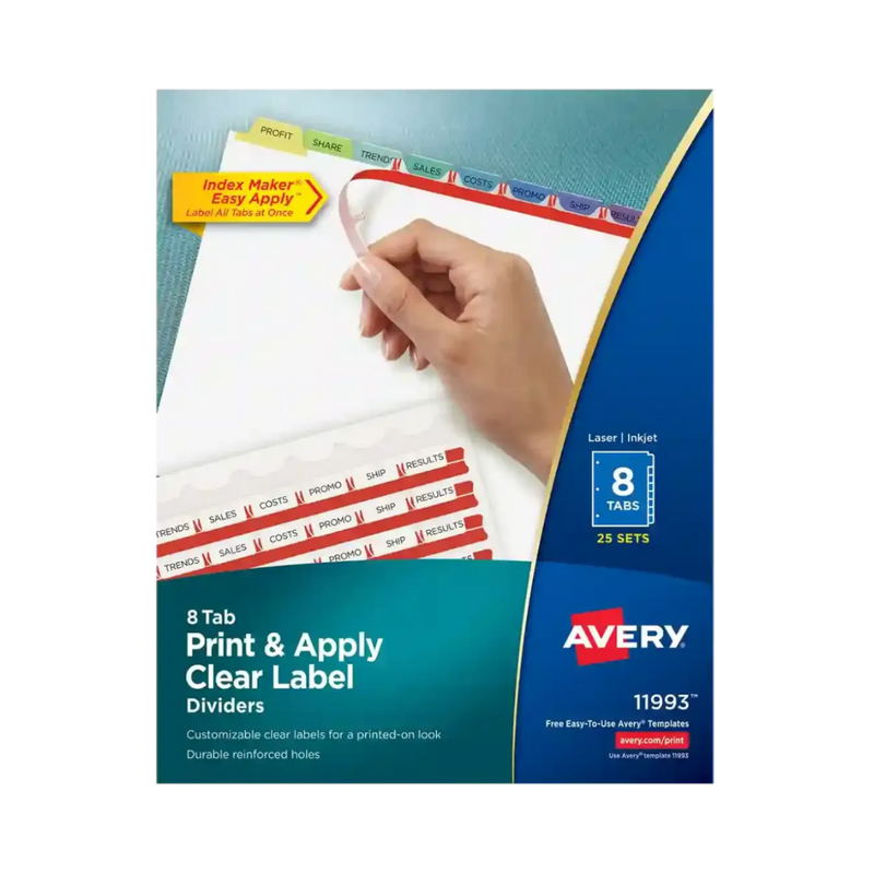 Avery® Separadores de etiquetas transparentes Print & Apply, tira de etiquetas imprimible Index Maker® Easy Apply™, 8 pestañas colores pastel, 25 sets (11993) Avery® Separadores de etiquetas transparentes Print & Apply, tira de etiquetas imprimible Index Maker® Easy Apply™, 8 pestañas colores pastel, 25 sets (11993)