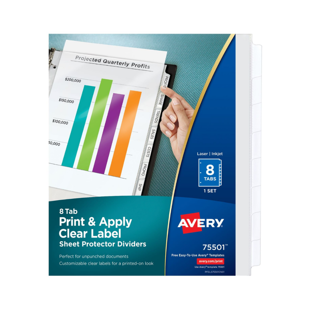 Avery® Separadores protectores de hojas, transparentes, etiquetas imprimibles Index Maker® Easy Peel™, 8 pestañas blancas (75501)