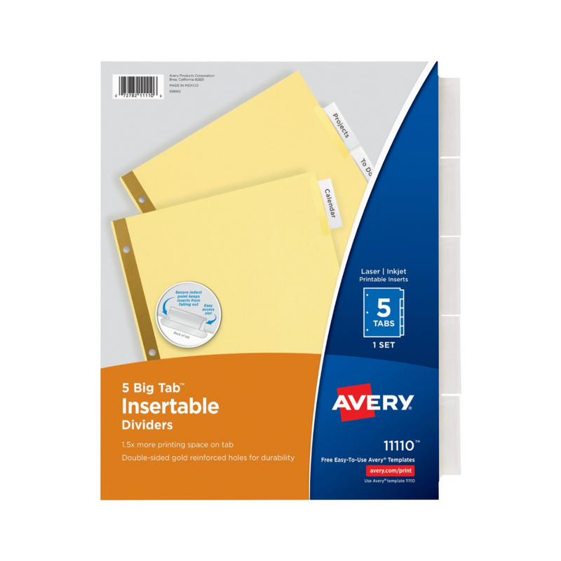 Avery® Big Tab™, Separadores insertables para carpetas de 3 anillos, juego de 5 pestañas, papel resistente, pestañas transparentes, 1 juego de separadores de carpeta (11110) Avery® Big Tab™, Separadores insertables para carpetas de 3 anillos, juego de 5 pestañas, papel resistente, pestañas transparentes, 1 juego de separadores de carpeta (11110)