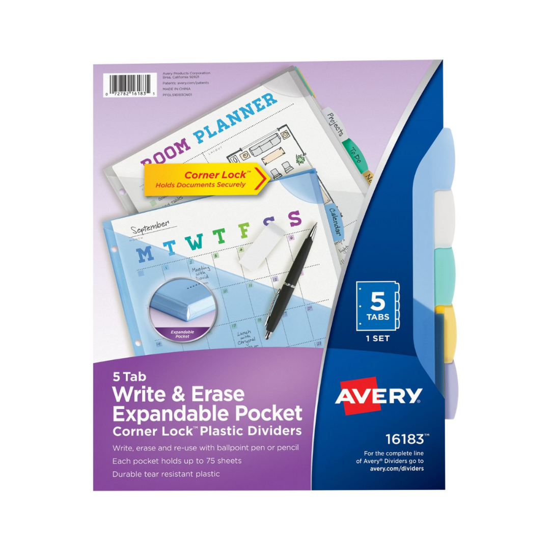 Avery® Separadores de plástico para escribir y borrar con bolsillos expandibles y Corner Lock®, set de 5 pestañas, multicolor (16183)
