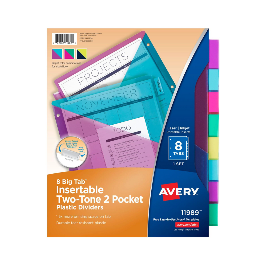 Avery® Big Tab™ Separadores de plástico insertables, dos tonos, dos bolsillos, juego de 8 separadores (11989)