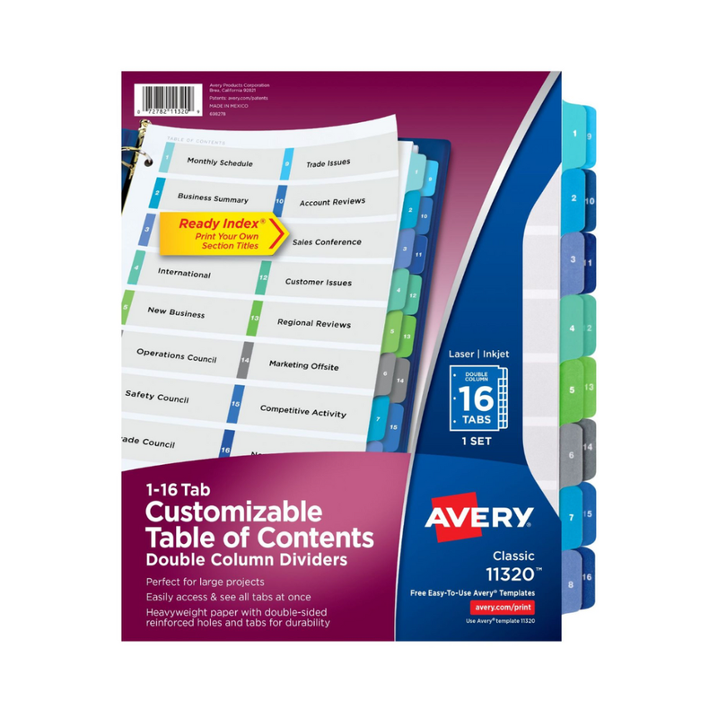 Avery® Ready Index® Separadores doble columna, tabla de contenido personalizable, 16 separadores multicolores, 1 juego (11320)