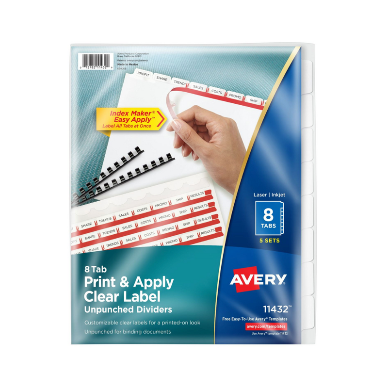 Avery® Separadores sin perforar, tira de etiquetas imprimible Index Maker® Easy Apply™, 8 separadores blancos, 5 juegos (11432)