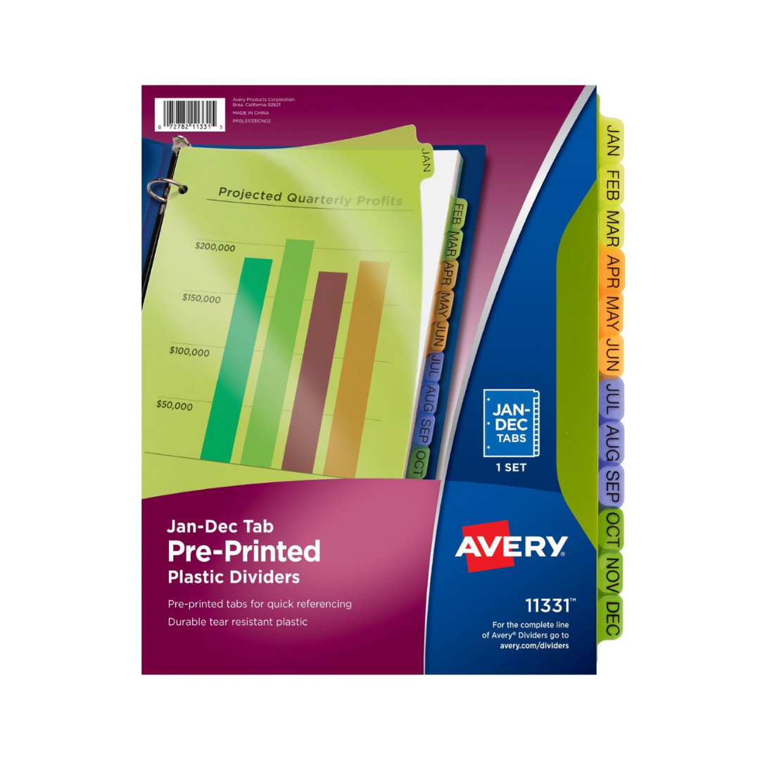 Avery® Separadores de plástico preimpresos, 12 separadores, Enero-Diciembre, Multicolor (11331)