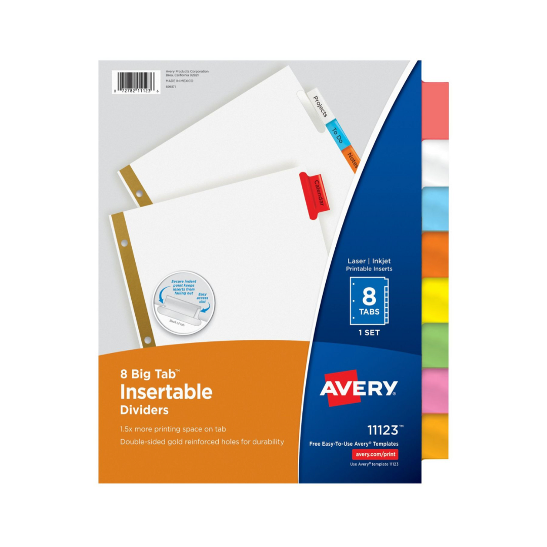 Avery® Separadores insertables Big Tab™, juego de 8 separadores, papel blanco y pestañas multicolor (11123)