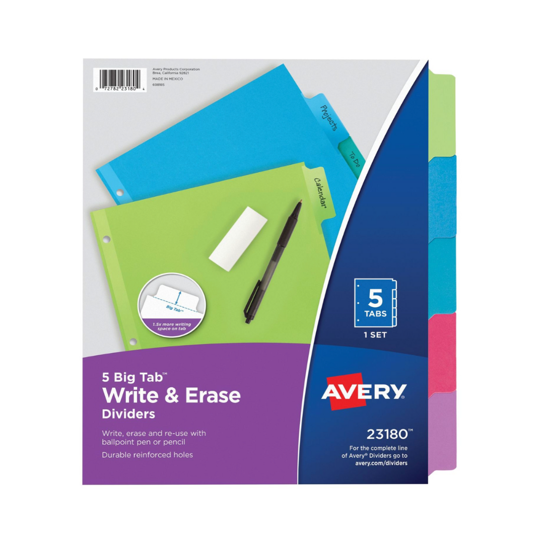 Avery® Separadores Big Tab™ escritura y borrado, 5 separadores por set, multicolor (23180)