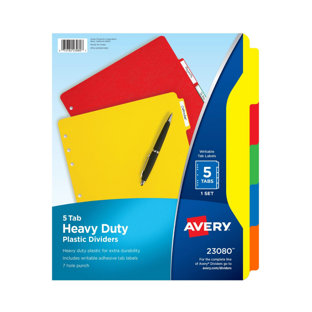 Avery® Separadores de plástico resistentes, juego de 5 separadores, multicolor (23080)