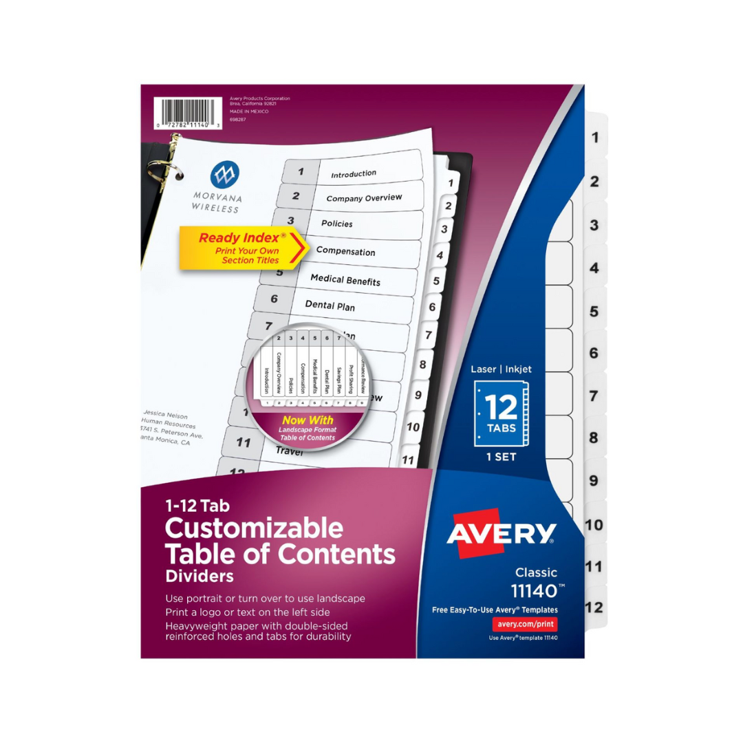 Avery® separadores de carpeta con pestañas, Ready Index®, tabla de contenido personalizable, 12 separadores blancos clásicos, 1 juego (11140)