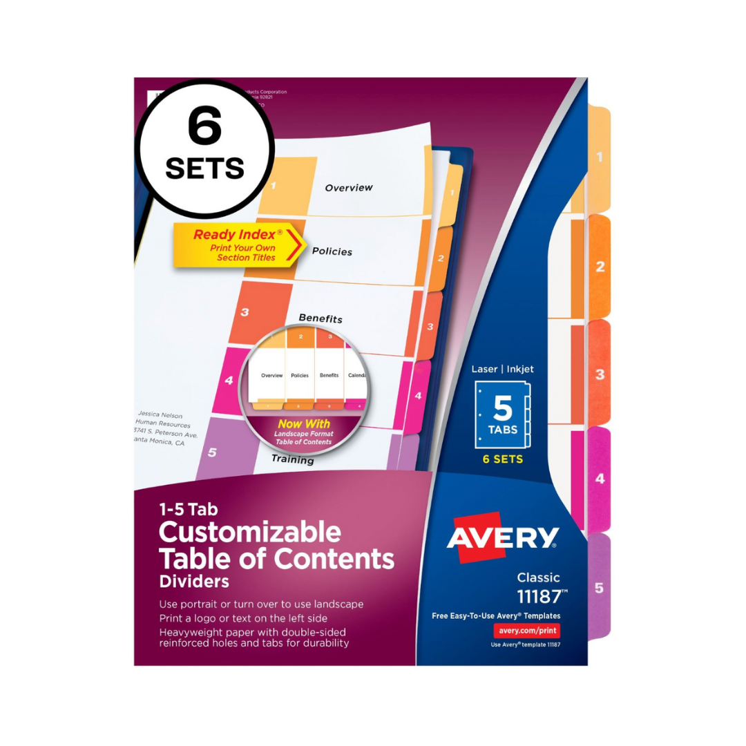 Avery® Ready Index® 5 separadores de carpeta con pestañas, tabla de contenido personalizable, pestañas multicolores, 6 juegos (11187)