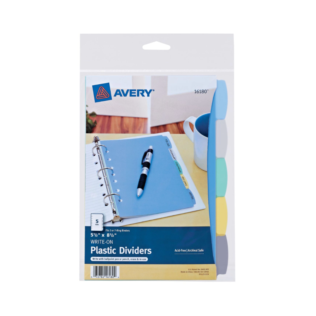 Avery® Mini separadores de plástico duradero Write & Erase, 13.9 x 21.5 cms, 5 separadores por set, multicolor (16180)