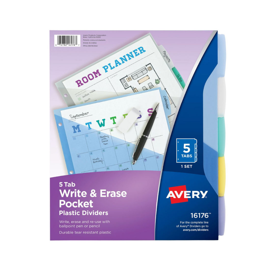 Avery® Big Tab™ Separadores de plástico duradero para escribir y borrar, juego de 5 separadores con bolsillo, multicolor (16176)