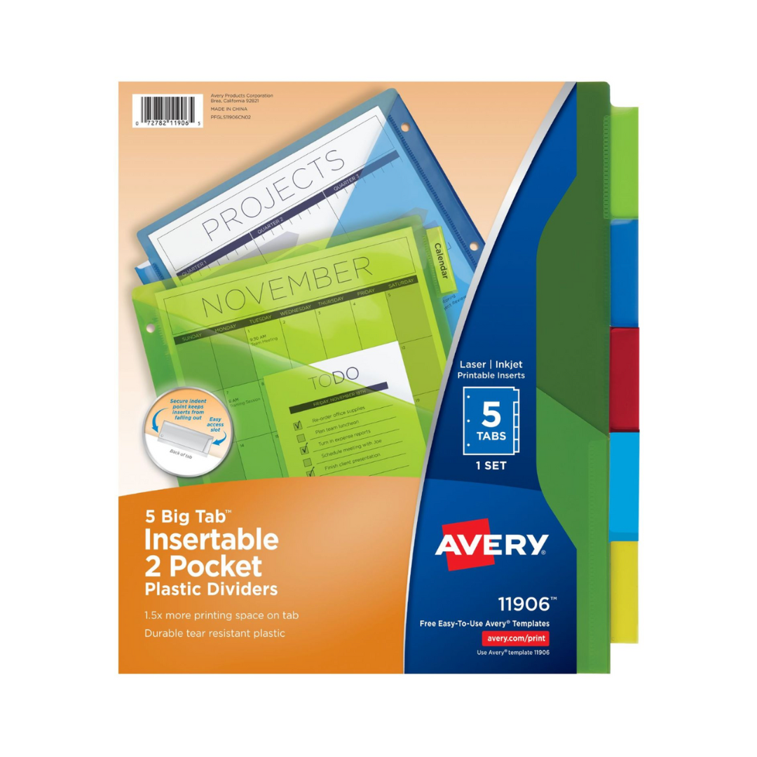 Avery® Separadores Big Tab™ plásticos, insertables, dos bolsillos, multicolor, 8 separadores, 1 juego (11906)